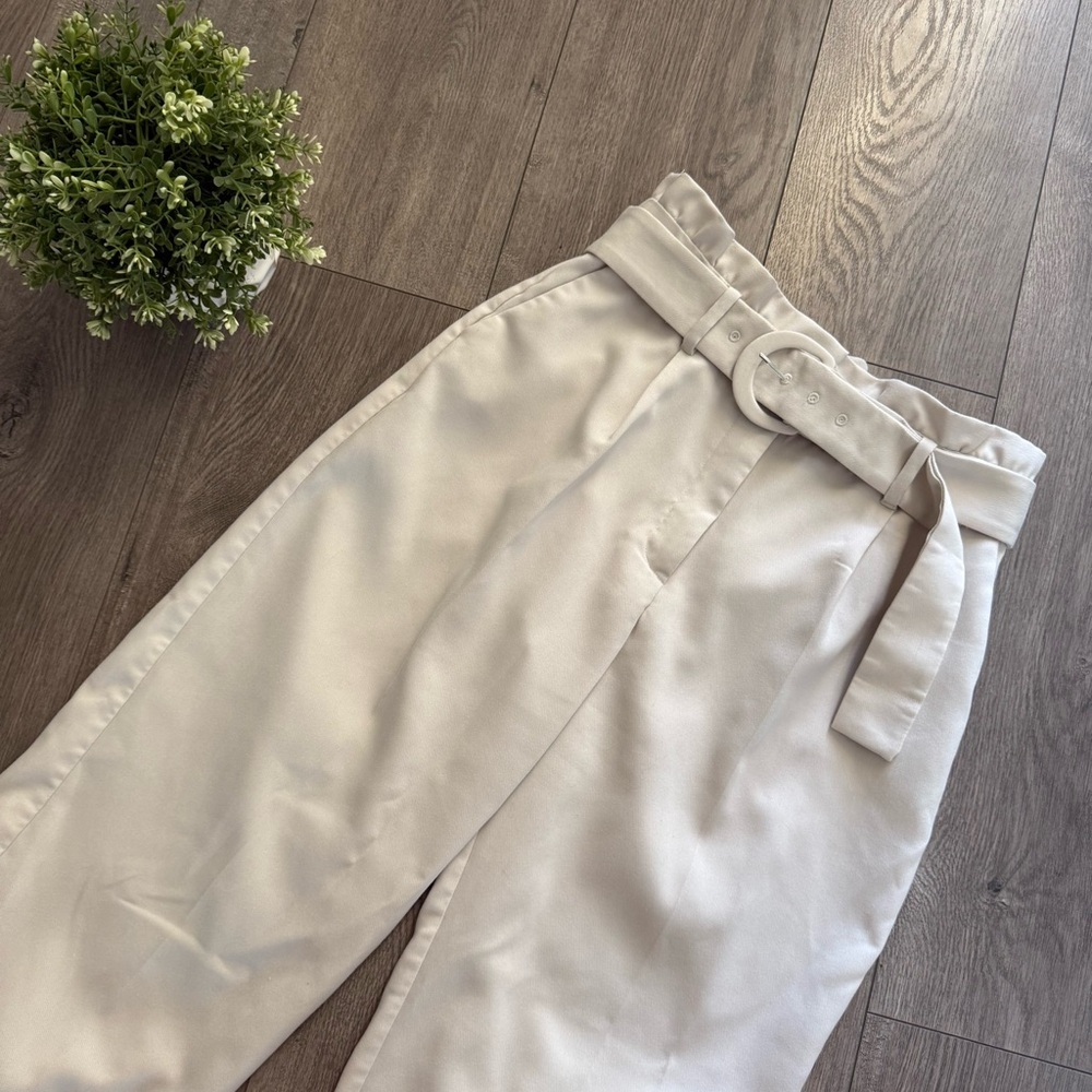 Mango Cream Wide Leg‎ High Waist Belted Pleat Paper Bag Pants